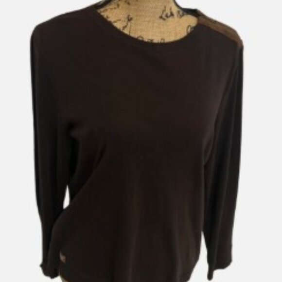 VINTAGE Lauren Ralph Lauren Knit Top Brown Faux Suede Shoulder Patch Size Large - Picture 2 of 13